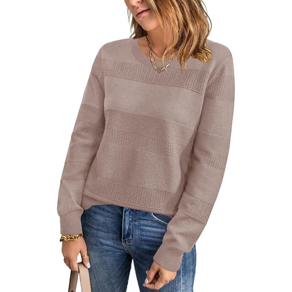 Womens Fall Sweaters Crochet Crew Neck Long Sleeve Knit Top Outfit